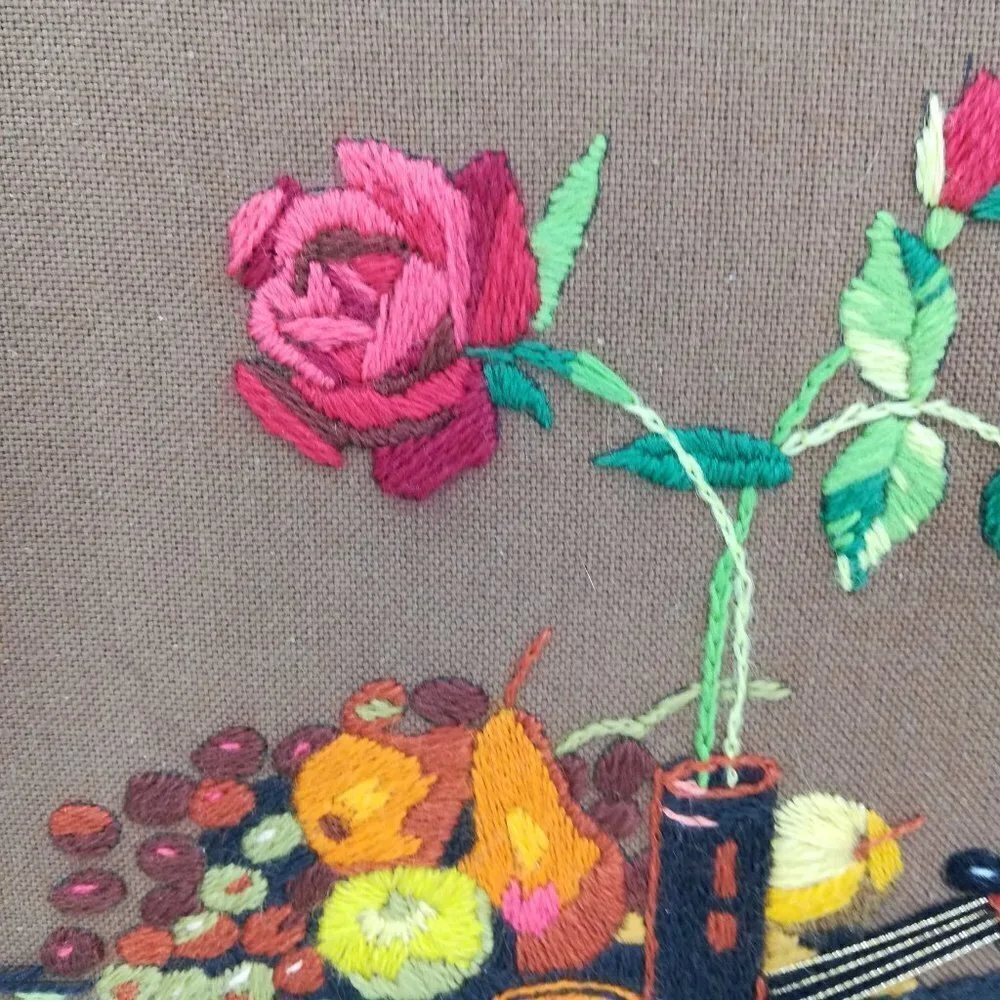 Vintage Completed Crewel Embroidery Picture Violin Rose Fruit Wine Romantic 70s